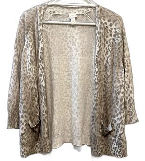 Chico's Size Large (2) Animal Print Open Front Cardigan Cotton Rayon 3/4 Sleeve